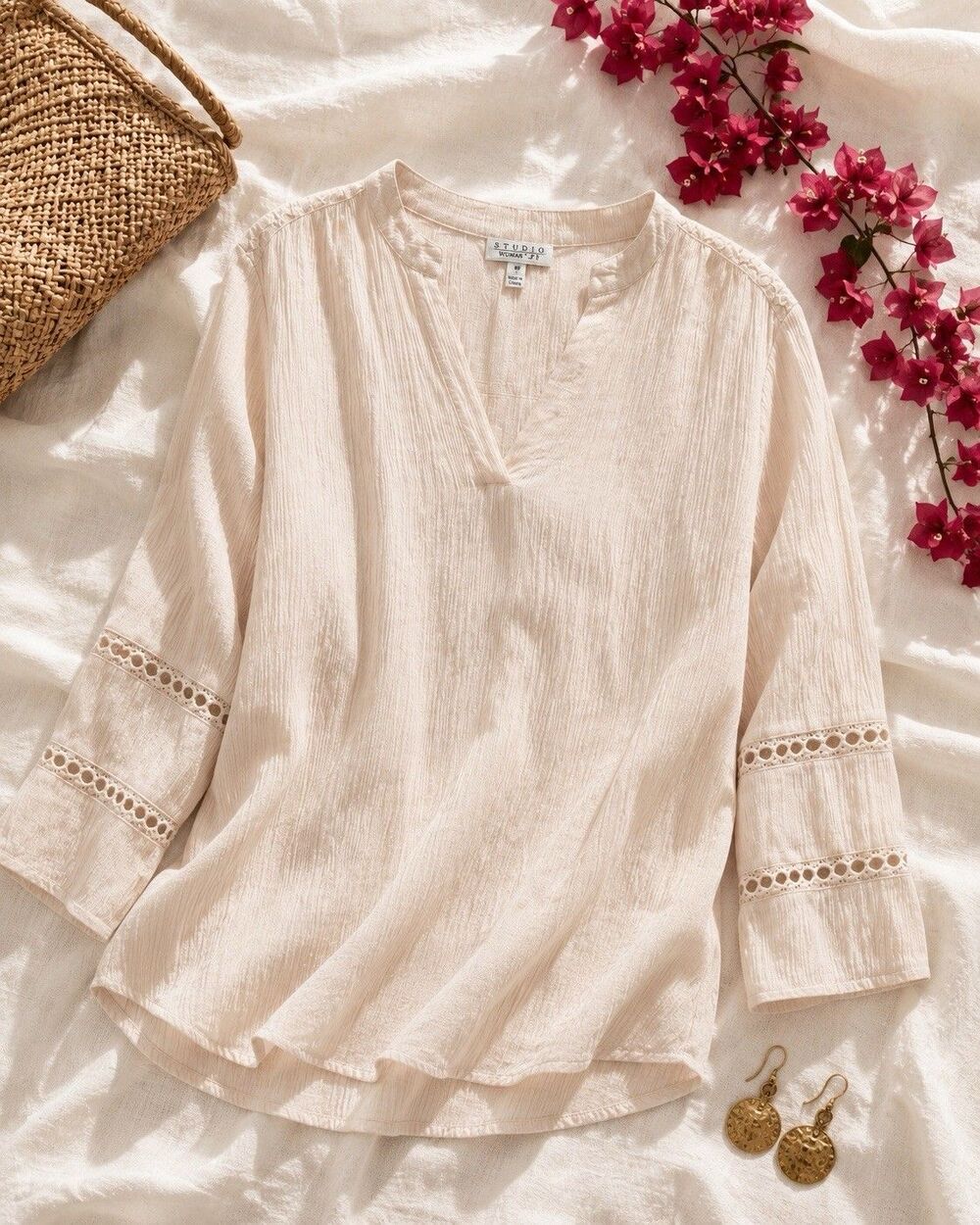Studio Woman 2X Cream Boho Lace Crochet Tunic Top